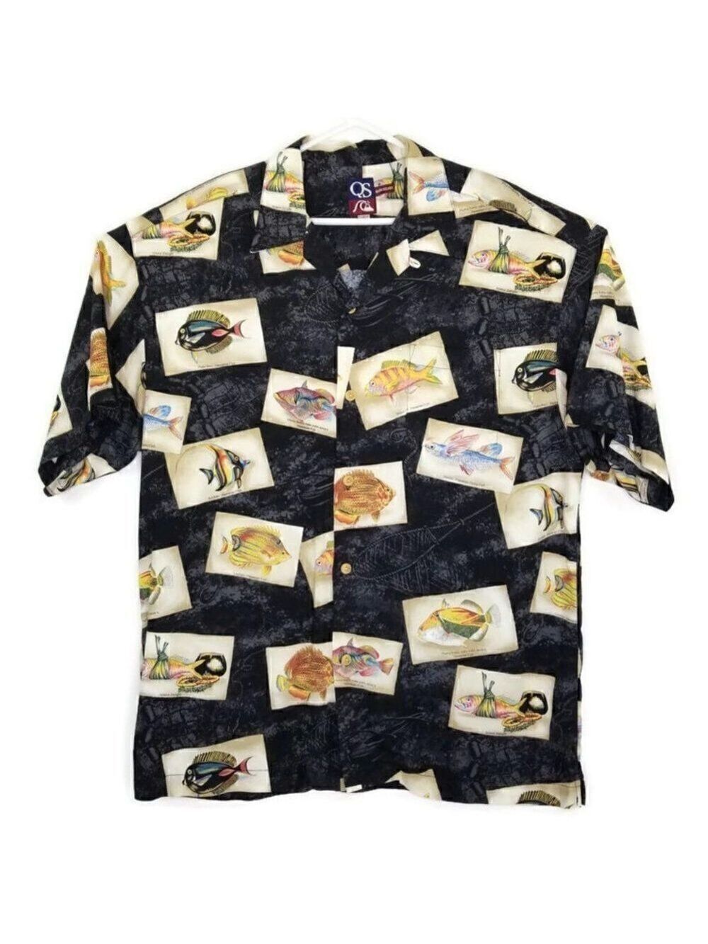 Quiksilver Qs Mens Xl Hawaiian Fish Rayon Button Up S/s Camp Shirt Made In Usa